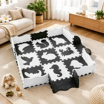 Obrázek produktu pro Puzzleová podložka, dětská podložka, herní podložka, rozměry 114 x 114 cm, 25 dílků, protiskluzová, bez BPA, černá barva