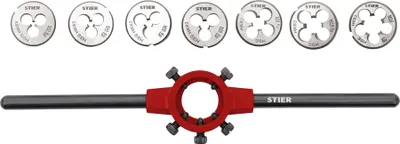 Immagine prodotto di STIER Set di filiere HSS 25x9 M3-M12 8 pezzi, filiere per filettature esterne in robusta cassetta, ZAMAK-5, conforme alle norme standard di fabbrica
