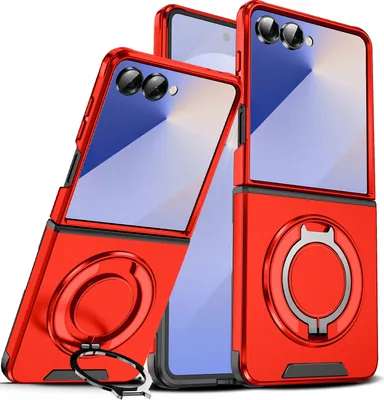 Immagine prodotto di Custodia a doppio strato per Samsung Galaxy Z Flip7, con copertura scorrevole della fotocamera e supporto magnetico ad anello Rosso