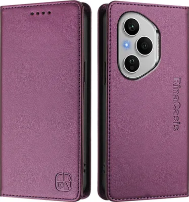 A purple leather flip wallet case for a phone, shown open and closed.