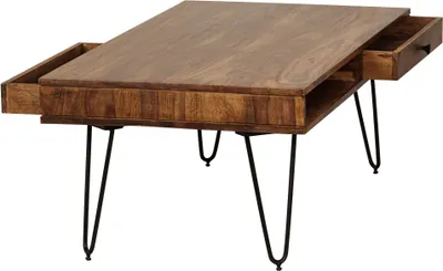Image de Table basse FineBuy en bois massif de sheesham, 110 cm · Table de salon de style industriel, rectangulaire, pieds en épingle à cheveux, 2 tiroirs et compartiments de rangement · Fabriquée à la main