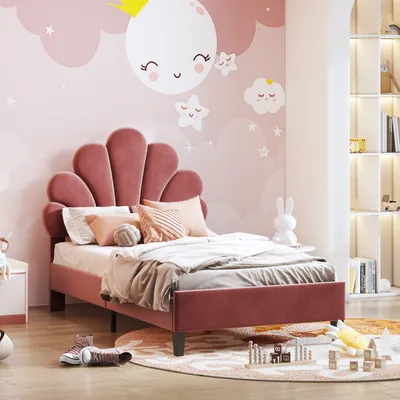 Produktbild von Flieks Polsterbett 90x200cm Samt mit Blumenform-Kopfteil und Lattenrost Einzelbett Kinderbett für Damen Kinder Jugend