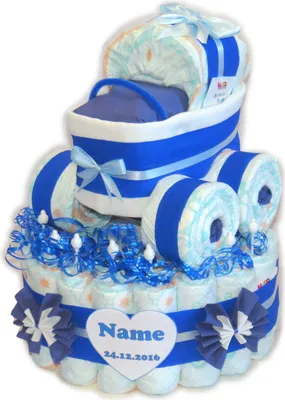 Produktbild von Windeltorte mit Windelkinderwagen in blau | Windelgeschenk Junge
