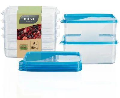 Immagine prodotto di Contenitore per alimenti, scatola di stoccaggio - 1,3 litri - Set da 6 - Trasparente - Blu