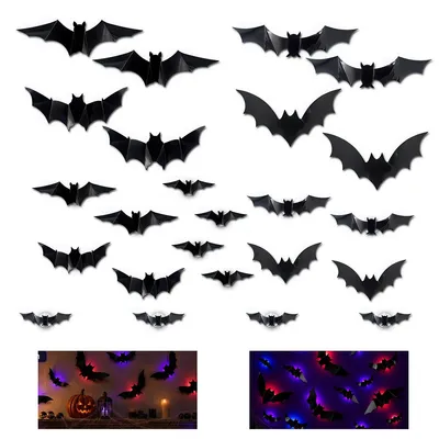 Produktbild von 24er Set Halloween Fledermaus-Deko mit LED-Licht, 3D Wandaufkleber für Fenster, Garten, Party & Zuhause, leuchtende Grusel-Dekoration