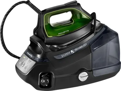 A Rowenta steam iron and its base unit are shown against a white background.