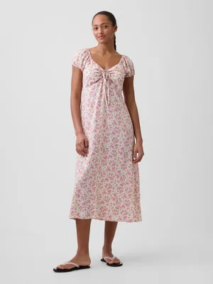 Produktbild von Gap Damen Midikleid, geblümt, Rosa, mit quadratischem Ausschnitt und Bindeband, mit kurzen Raffärmeln, XXS
