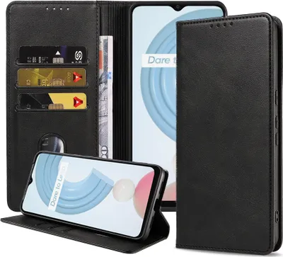 Produktbild von Smartphonica Handytasche passend für Realme C21Y / C25Y Kunstledertasche mit Magnetverschluss und Kartenfächern Buchhülle mit Klappe - Schwarz