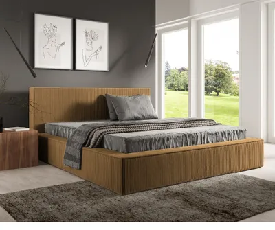 Produktbild von Sofello Einfaches Polsterbett Moderne Form FILO Senffarbe 200x200 aus Kordstoff mit Holz-Lattenrost Modernes Design in trendigen Farben, ohne Stauraum