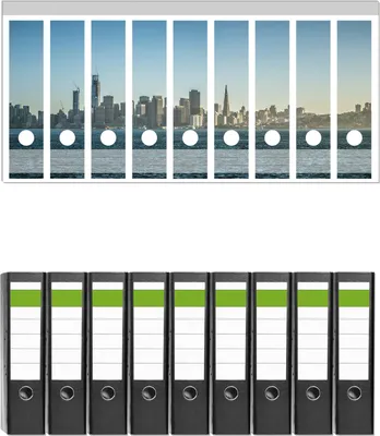 Produktbild von Wallario 9 Stück breite Ordner inkl. Klebeetiketten mit Motive Skyline von San Francisco -  Set mit Rückenschildern / Ordnerrücken Stickern
