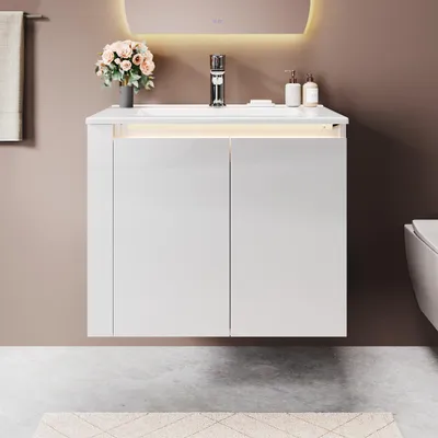 Produktbild von SONNI Einbau-Waschtischunterschrank Weiß 60x50x50cm Induktions-LED-Lichtleiste Stauraumschrank Badezimmerschrank Wandmontage mit Keramikwaschbecken