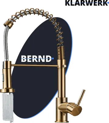 Immagine prodotto di Bernd | Rubinetto da cucina in acciaio inossidabile spazzolato oro con molla | Rubinetto da cucina per boiler | Miscelatore girevole a 360° | Bassa pressione, 3 attacchi