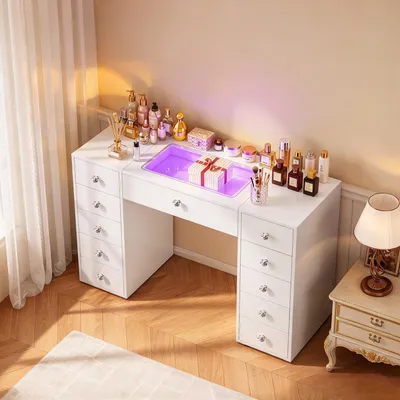 Zdjęcie produktu dla VANITII stolik do makijażu z podświetleniem LED 11 szuflad biały 130 cm – nowoczesne lustro do sypialni