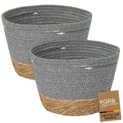 Produktbild von HMF Aufbewahrungskorb mit versteckten Griffen, runder Korb aus Baumwolle und Seegras für Badezimmer, Küche und Wohnbereich, 2er Set, 27 x 19 cm, Grau, KI-generiertes Bild