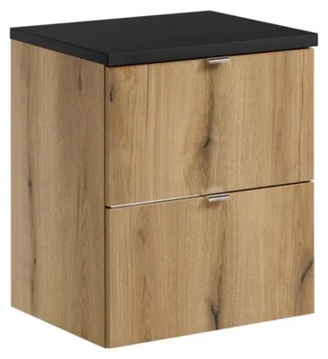 Productafbeelding van Badkamerset VANO zwevend eiken en zwart 50cm: onderkast met lades + blad voor wastafel