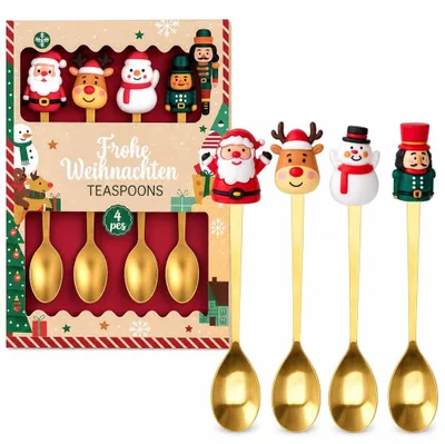 4er-Set Kaffeelöffel Weihnachten – Rentier, Schneemann, Gold