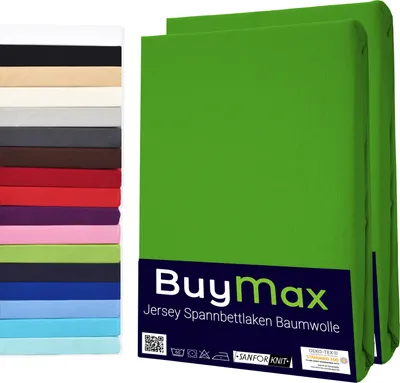 Produktbild von Buymax Spannbettlaken 90x200cm Doppelpack 100% Baumwolle Spannbetttuch Bettlaken Jersey, Matratzenhöhe bis 25 cm, Farbe Apfelgrün