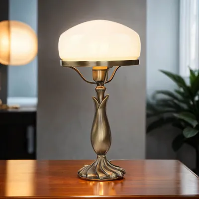Produktbild von Exklusive Tischleuchte Pilzlampe Messing Fuß bronziert Weißer Glas E27 bis 60W Tischlampe im Banker-Stil Pilzleuchte Jugendstil Pils Nachttischlampe Tischlampe