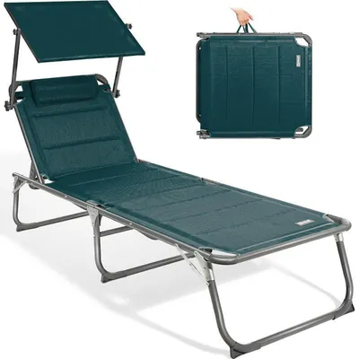 Produktbild von Sonnenliege klappbar – Gartenliege aus Aluminium mit verstellbarer Rückenlehne, Kopfstütze und Sonnenblende, bis 180 kg belastbar, ozeanblau
