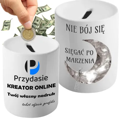 Zdjęcie produktu dla Skarbonka z twoim własnym nadrukiem foto logo napis ceramiczna personalizowana na prezent 330 ml biała