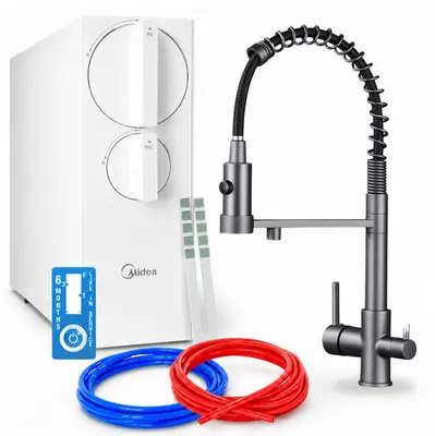 Produktbild von Küchenarmatur Ari Solid Spring Mit Tanklosem Umkehrosmose-Wasserfiltersystem 800 Gpd, Zweigriffarmatur Aus Messing, Keramikventil, Perlator, Graphit