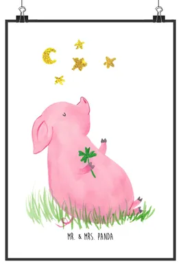 Produktbild von Mr. & Mrs. Panda Bild Schwein Glück DIN A3 - Weiß - Geschenk, drucke, Wandbild, Glücksbringer, Träume, Motivation, Lustige Sprüche, Plakat, Ziele, kunstdruck poster