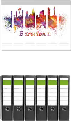 Produktbild von Wallario 6 Stück breite Ordner inkl. Klebeetiketten mit Motive Städte als Aquarell - Skyline von Barcelona -  Set mit Rückenschildern / Ordnerrücken Stickern