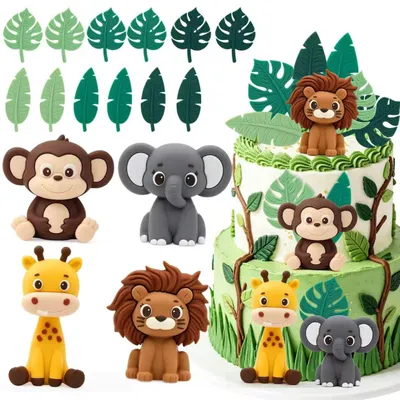Productafbeelding van Feestelijke Taartdecoratie met Jungle Dieren - 16 Stuks