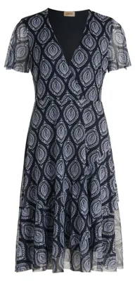 Produktbild von Gemustertes Volant Kleid mit V-Ausschnitt, Halbarm und figurbetonter Passform, knieumspielend