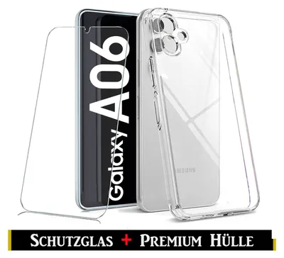 A clear protective case and screen protector for a Samsung Galaxy A06 phone.