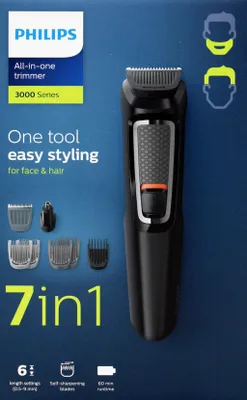 Image de Philips MULTIGROOM Series 3000 MG3720/15 7-en-1, pour visage et cheveux, noir, rectangle, barbe, oreille, sourcils, moustache, nez, acier inoxydable, batterie, 60 min