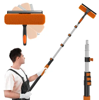 Imagen del producto de Limpiacristales telescópico, con una barra telescópica de 3,6 metros y un cabezal de limpieza de 25 cm, ideal para uso en interiores y exteriores
