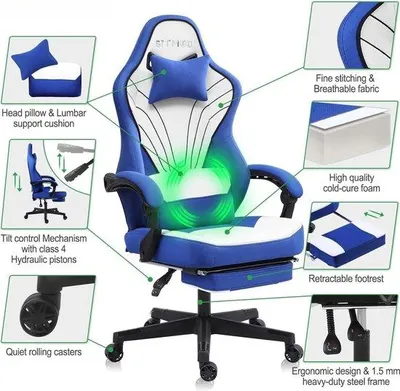 Produktbild von Gamingstuhl Ergonomisch mit Fußstützen - Blau