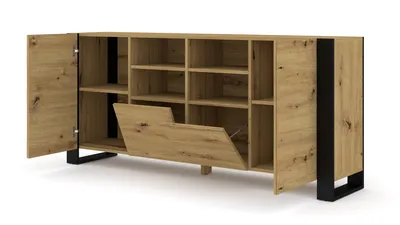 A wooden sideboard with black metal legs, shown with one door open and one drawer partially open.