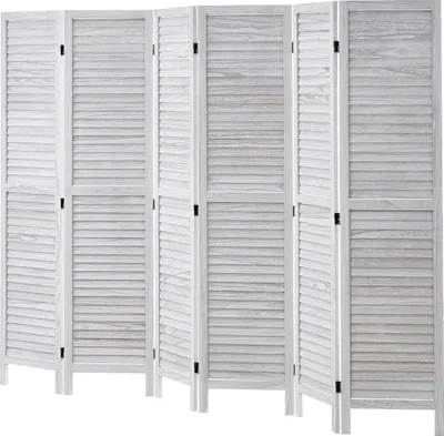 A white wooden room divider with six folding panels, each featuring horizontal louvers.