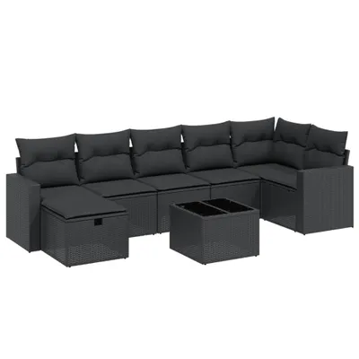 Produktbild von Modulares Garten-Loungeset, 8-teilige Sofagarnitur mit Kissen, PE-Rattan, pulverbeschichteter Stahl, Hartglas, UV-beständig, Schwarz