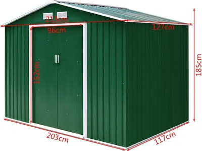 Image de COSTWAY Abri de jardin en métal avec fondations en métal, 213x127x185cm Abri de jardin, 2,37 m2 Abri à outils, galvanisé Abri de jardin, résistant aux intempéries, vert foncé