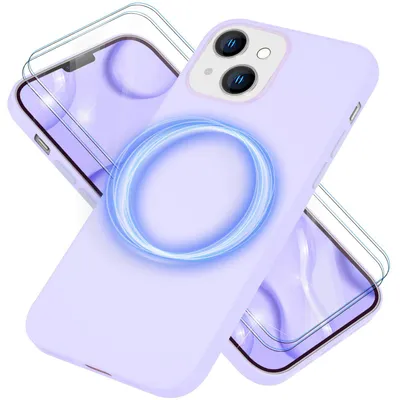 Obrázok produktu pre Puzdro MagSafe s 2x ochranným sklom pre iPhone 14, silikónový kryt na mobil Easy Clean fialový
