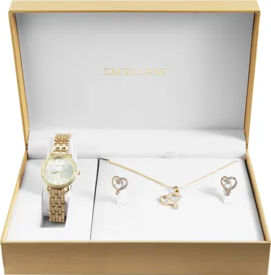 A jewelry set including a watch, necklace, and earrings, presented in an open box.