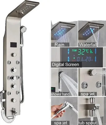Produktbild von Duschpaneel, Regen- und Wasserfallfunktionen, LED-Temperaturanzeige, Bürstetes Nickel 8009