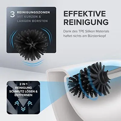 Produktbild von Silikon Toiletborstel mit Ventilatorfunktion, Wandmontage ohne Bohren, silber, austauschbarer Kopf, rohrfester Stahl