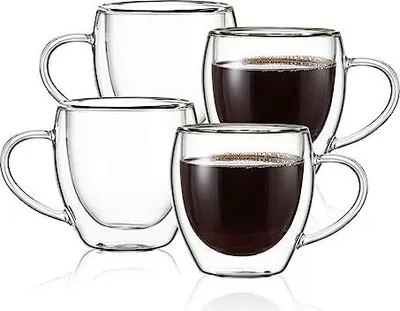 Produktbild von CNGLASS Espressobecher Set 4x150ml, doppelwandige Isolierglas-Kaffeebecher mit Griff, Espresso-Schnapsgläser, klare Expresso-Kaffeetassen