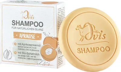Produktbild von Shampoo Aprikose, Ovis Schafmilchseife, für natürlichen Glanz, 100% Bio, mit Aprikosenkernöl, pH-neutral, 95 g, verpackt