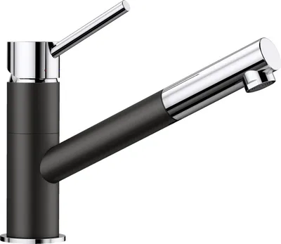 A studio shot of a modern kitchen faucet against a white background.