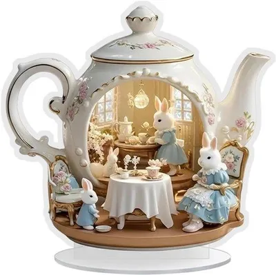 Productafbeelding van Konijnenfiguren Theeset - Paasdecoratie Beeldjes - Feestelijke Decoratie - 2D Familie Ontwerp - 20cm Breed - Meerkleurig