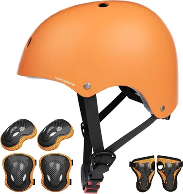 Produktbild von Kinder Fahrradhelm Skaterhelm Verstellbar für 3-13 Jahre Orange 7-in-1 Schonerset