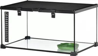 Produktbild von Reptilienbox Terrarium, inkl. Streifenthermometer, Fütterungsklappen, 50 cm x 30 cm x 25 cm, Glas + Metall, Schwarz
