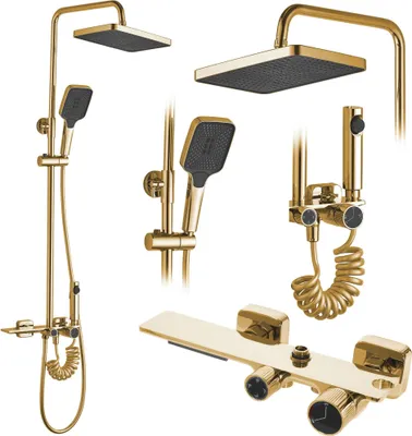 A collection of gold-colored shower fixtures against a white background.