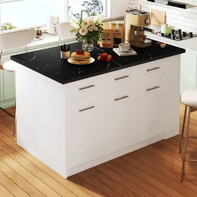 Immagine prodotto di MODFU Mobile da cucina, Isola da cucina, Cassettiera, Mobile contenitore, Tavolo da pranzo allungabile, Credenza multifunzionale, marmo nero + bianco