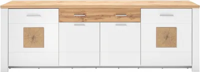 Produktbild von TV Lowboard - 220 x 74 cm - 4 Türen - 1 Schublade - Eiche Altholz Nachbildung - Weiß supermatt